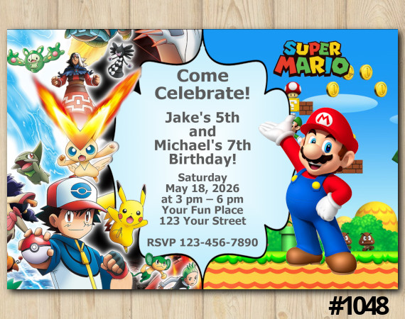 Twin Pokemon and Super Mariot Invitation | Personalized Digital Card